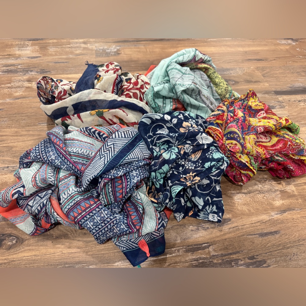 5 Floral and Geometric Patterned Scarves Set